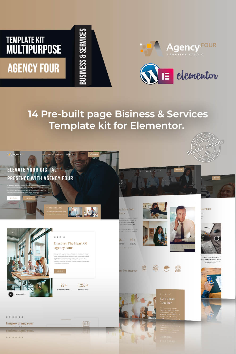 Agency Four - Multipurpose, Creative, Business, Services, Digital Elementor Template Kit pinterest preview image.