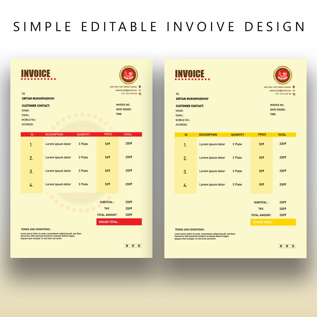 Unique Editable Invoice Design Template for Restraurent cover image.