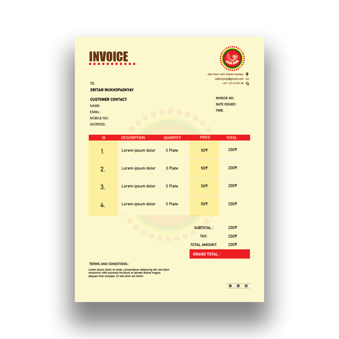Unique Editable Invoice Design Template for Restraurent preview image.