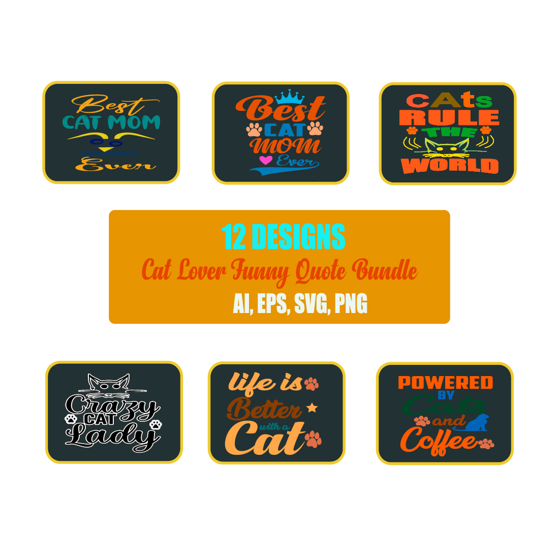 12 DESIGNS FUNNY CAT TYPOGRAPHY QUOTE BUNDLE preview image.