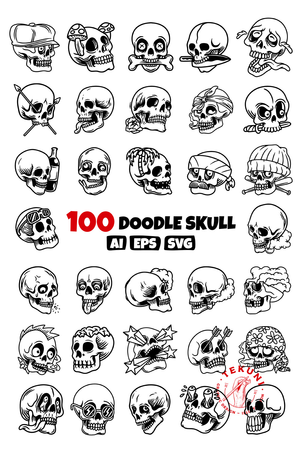 Doodle Skull Vector Hand-drawn Bundle pinterest preview image.