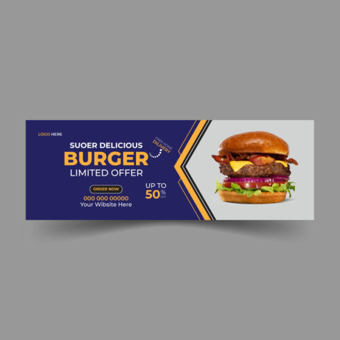 Delicious burger and food menu Facebook cover template cover image.