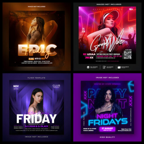 Pack Of 4 Friday Club Night Party Social media post and flyer template cover image.