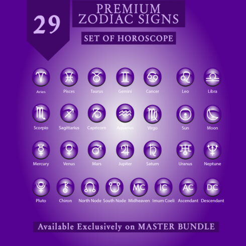 29 Premium Zodiac Signs, Vector set of Horoscope with Premium Purple color cover image.