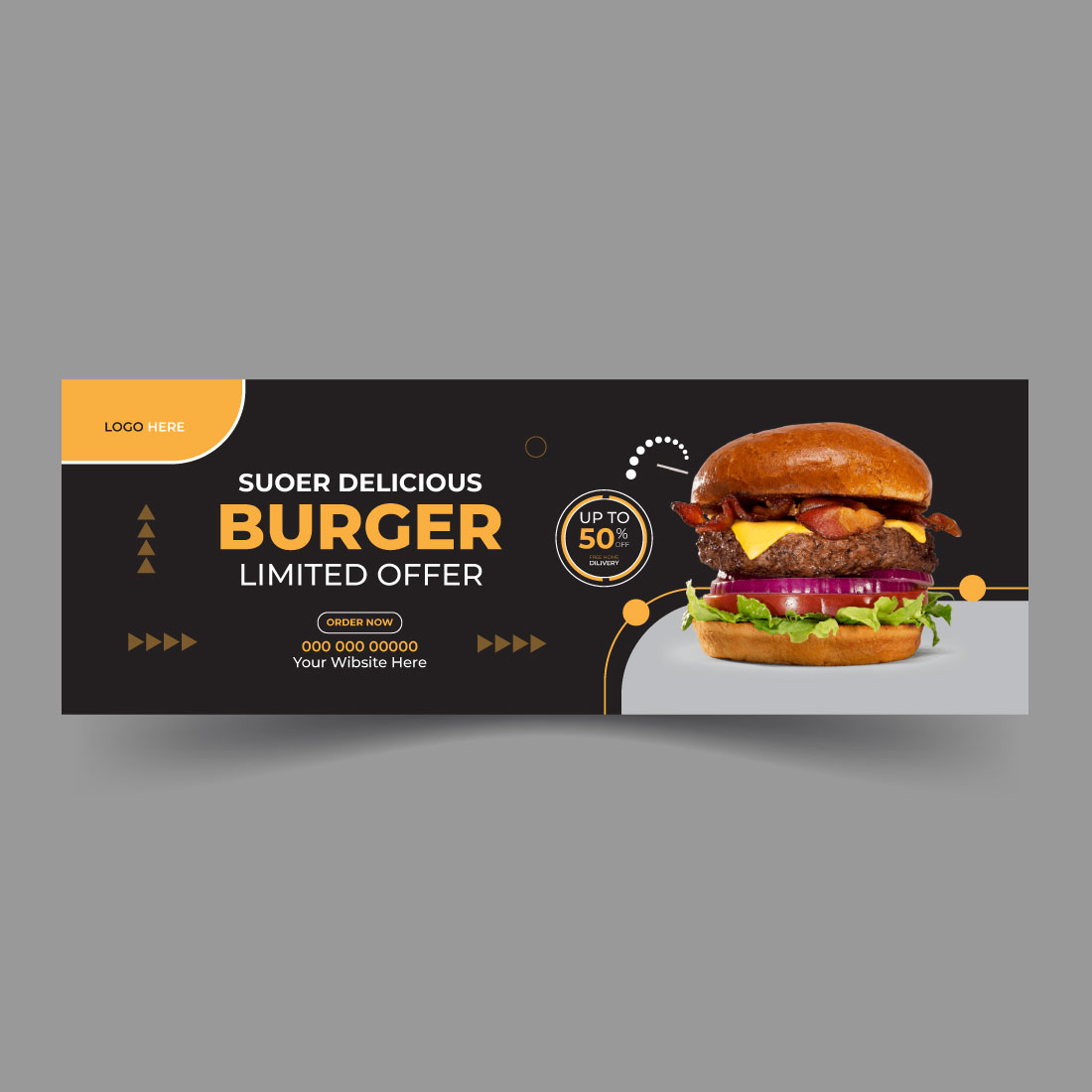 Vector delicious burger and food menu Facebook cover template preview image.