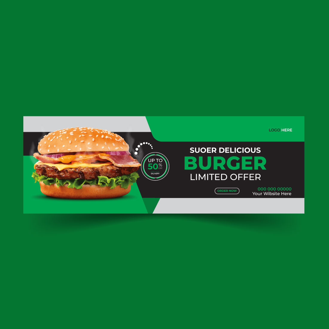 Delicious burger and food menu Facebook cover template preview image.