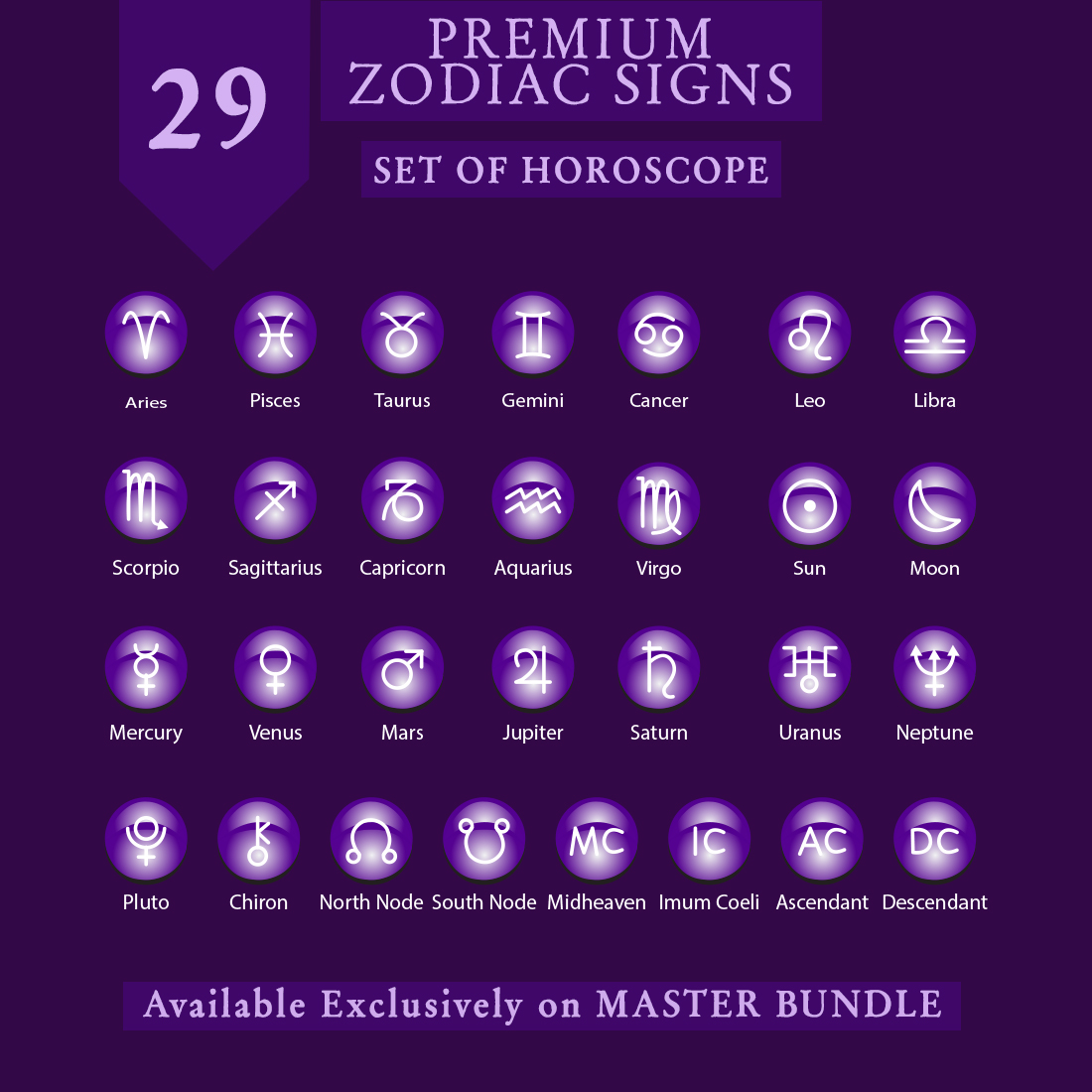 29 Premium Zodiac Signs, Vector set of Horoscope with Premium Purple color preview image.