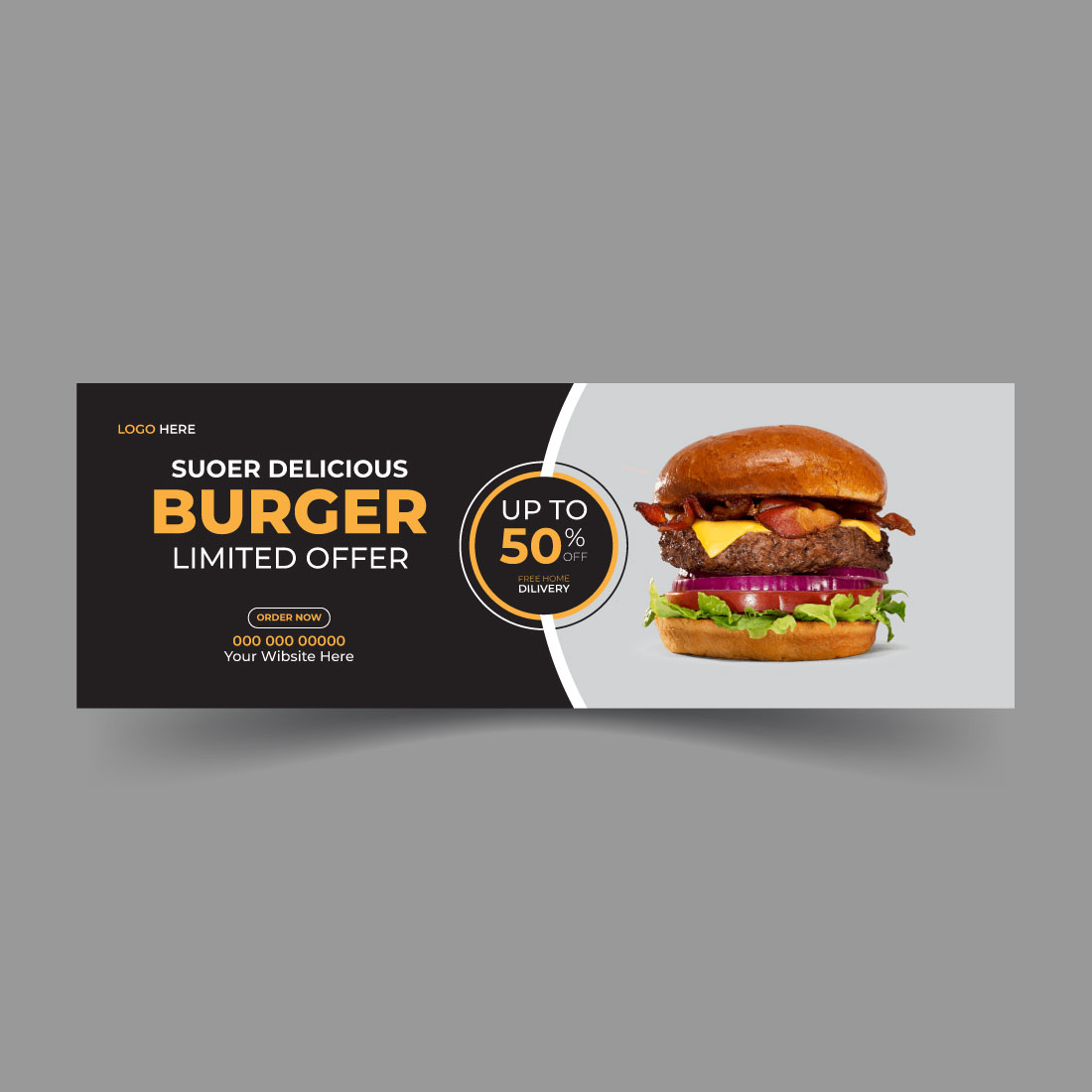 Delicious burger and food menu web banner template preview image.