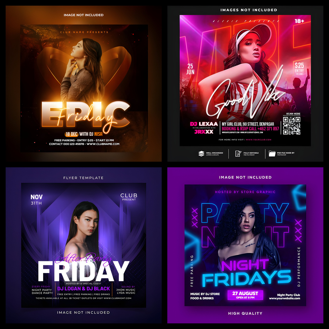 Pack Of 4 Friday Club Night Party Social media post and flyer template preview image.