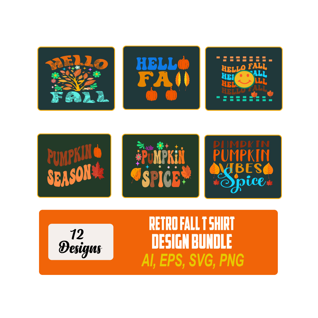 Retro Fall T Shirt Design Bundle - 12 Design preview image.