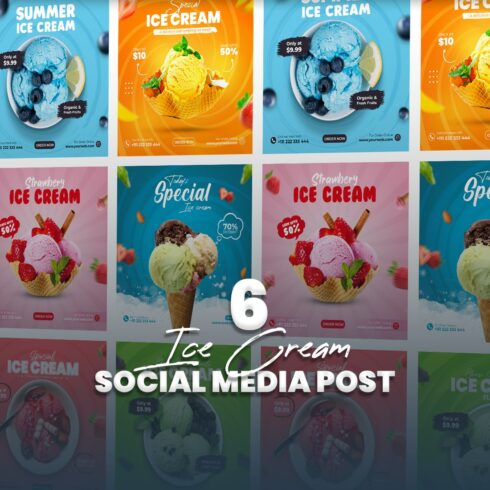 6 Beautiful Ice Cream Social Media Post Design Template/Instagram Banner cover image.