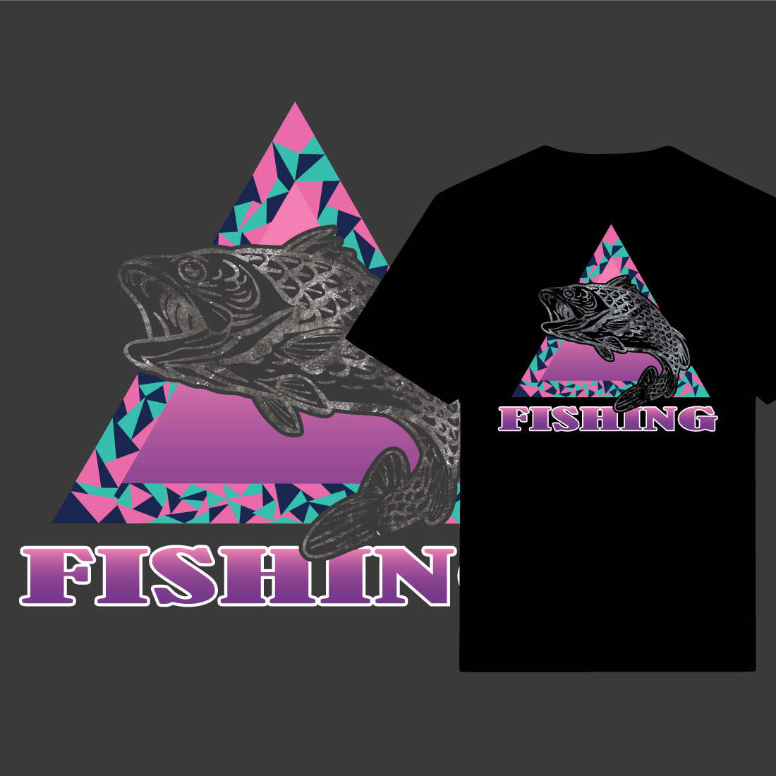 FISHING gradient color T-shirt design preview image.