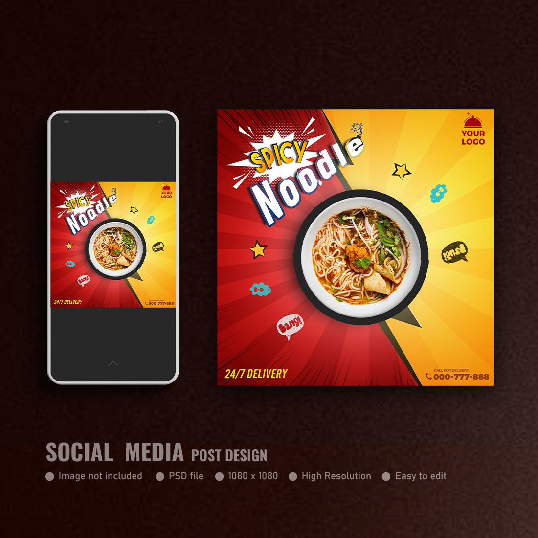 Spicy noodles social media banner template 2 preview image.