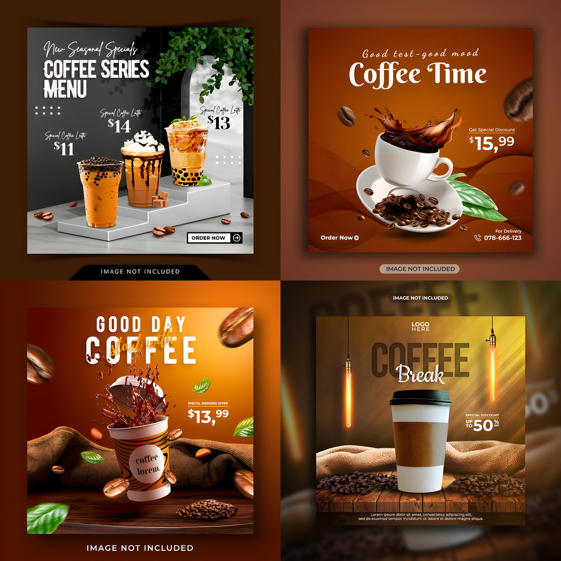 Pack O f 4 Coffee shop Menu Social media instagram post template and flyer cover image.