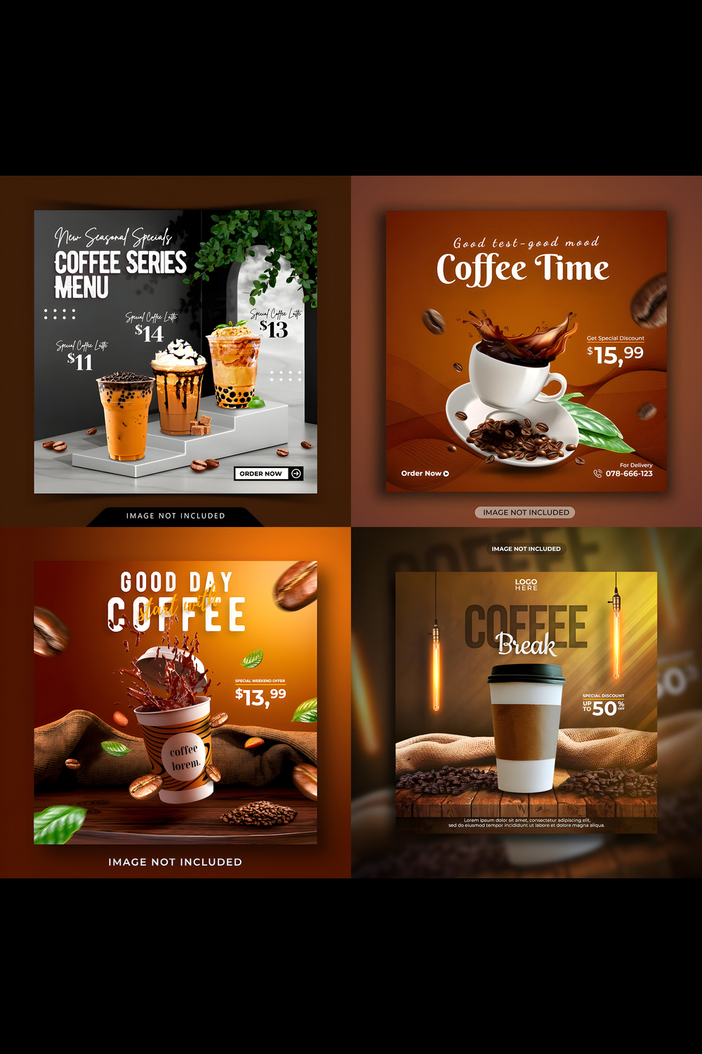 Pack O f 4 Coffee shop Menu Social media instagram post template and flyer pinterest preview image.