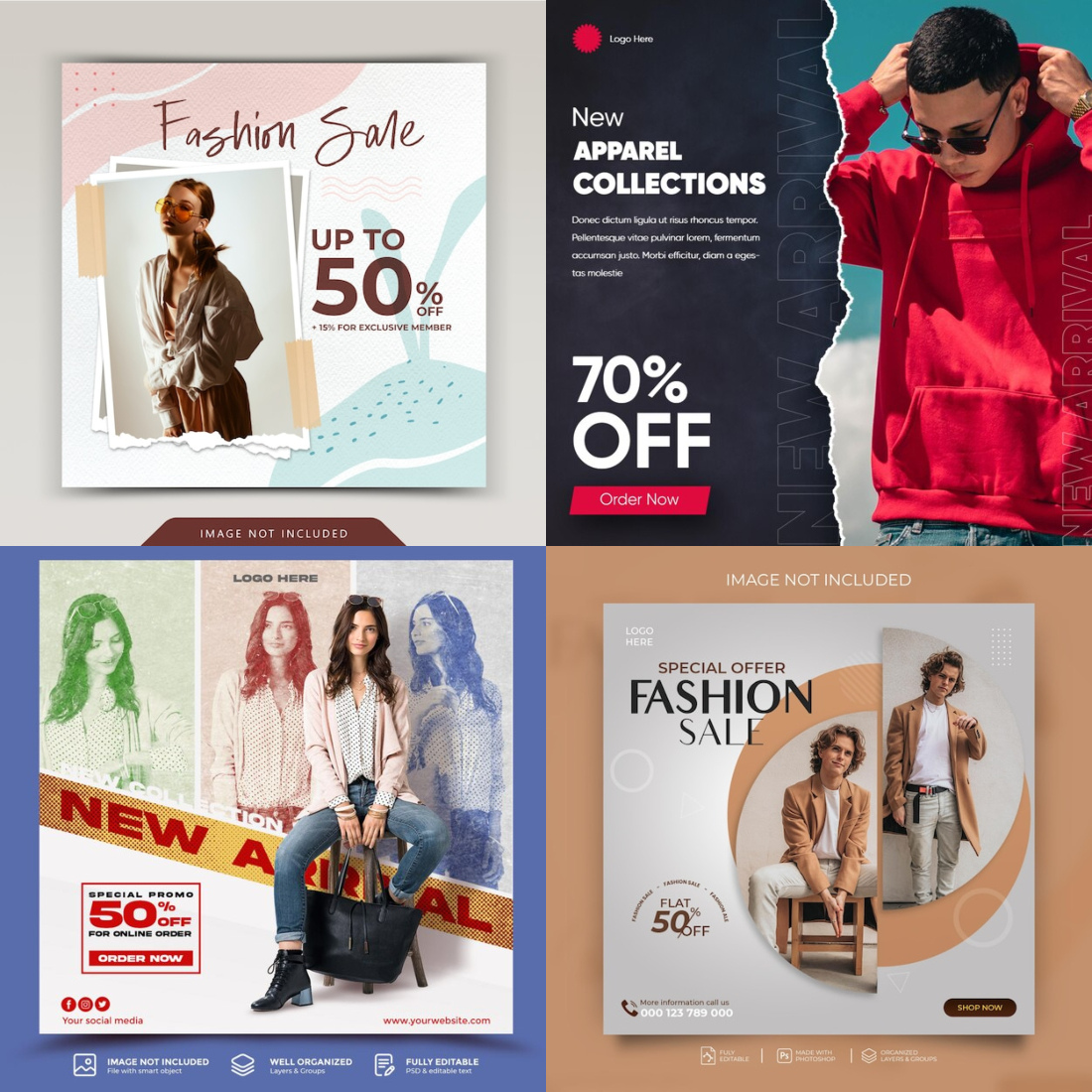 Pac Of 4 Fashion Sale Flyers, Social Media Post Designs preview image.
