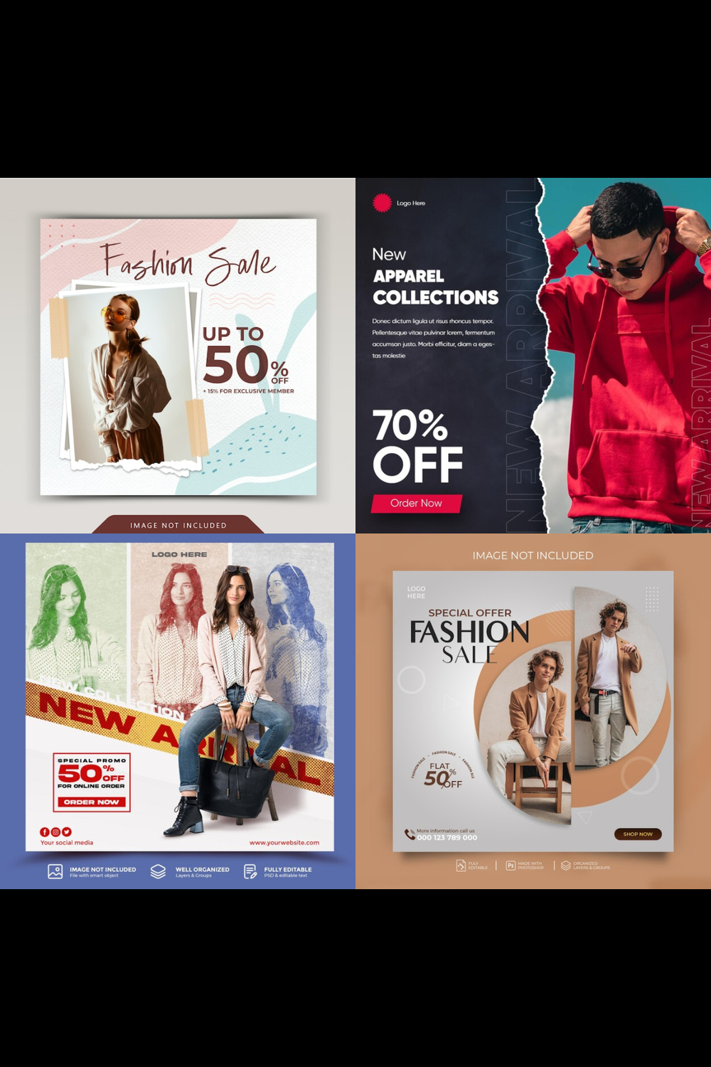Pac Of 4 Fashion Sale Flyers, Social Media Post Designs pinterest preview image.