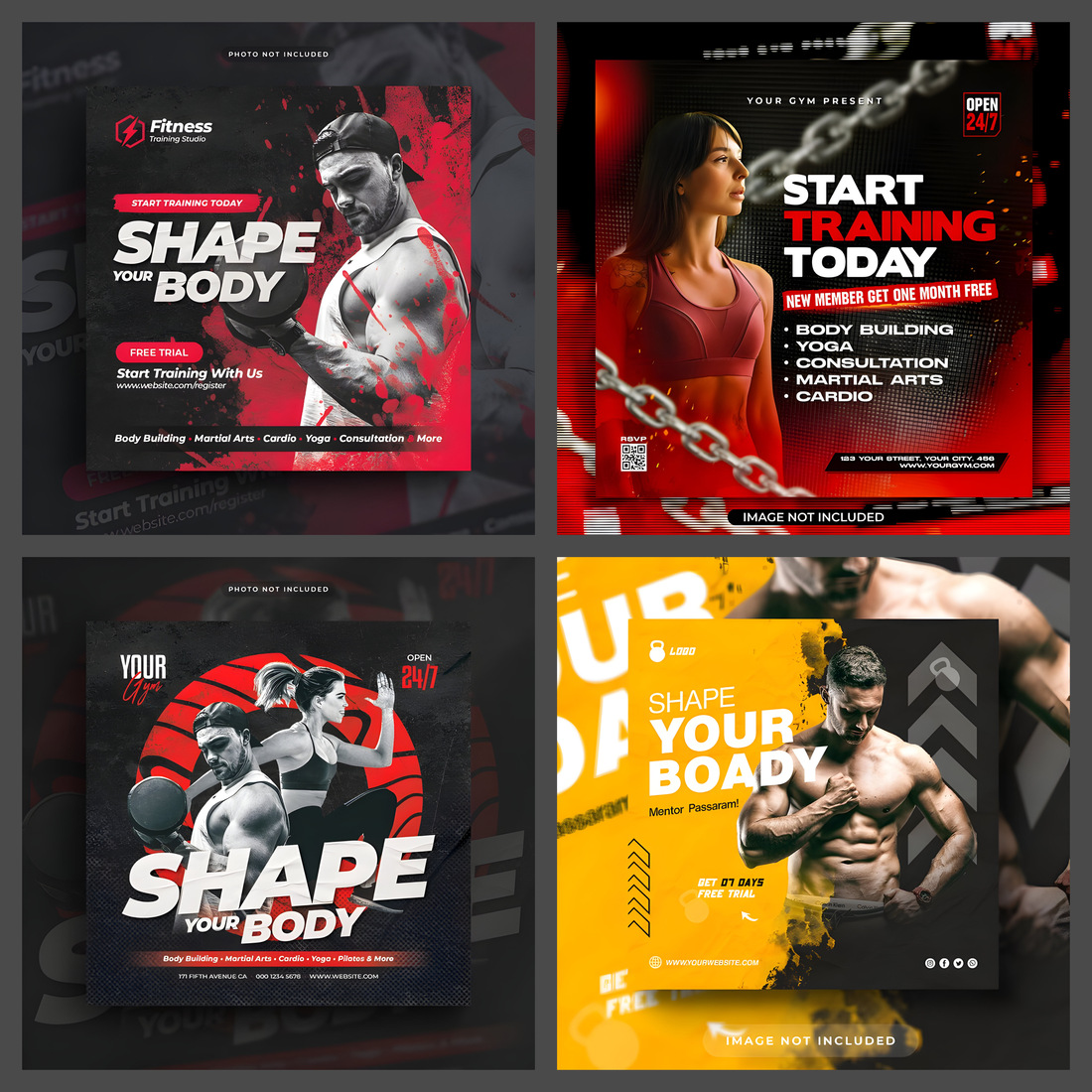4 Fitness training social media post and flyer templates preview image.
