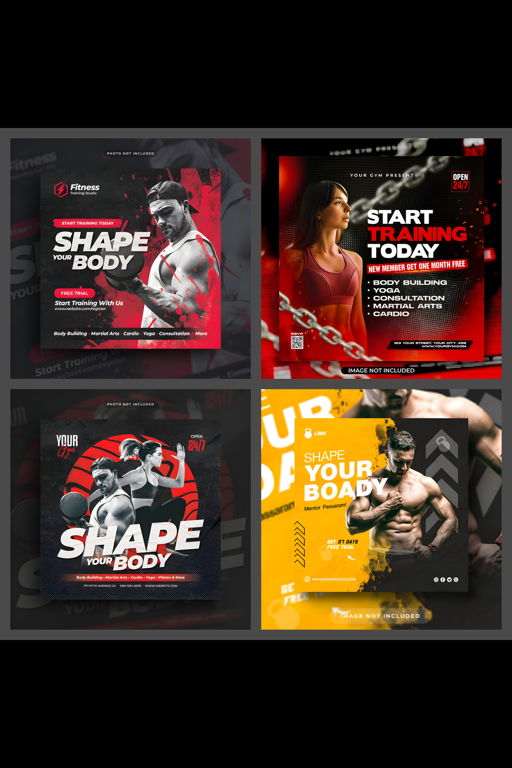 4 Fitness training social media post and flyer templates pinterest preview image.