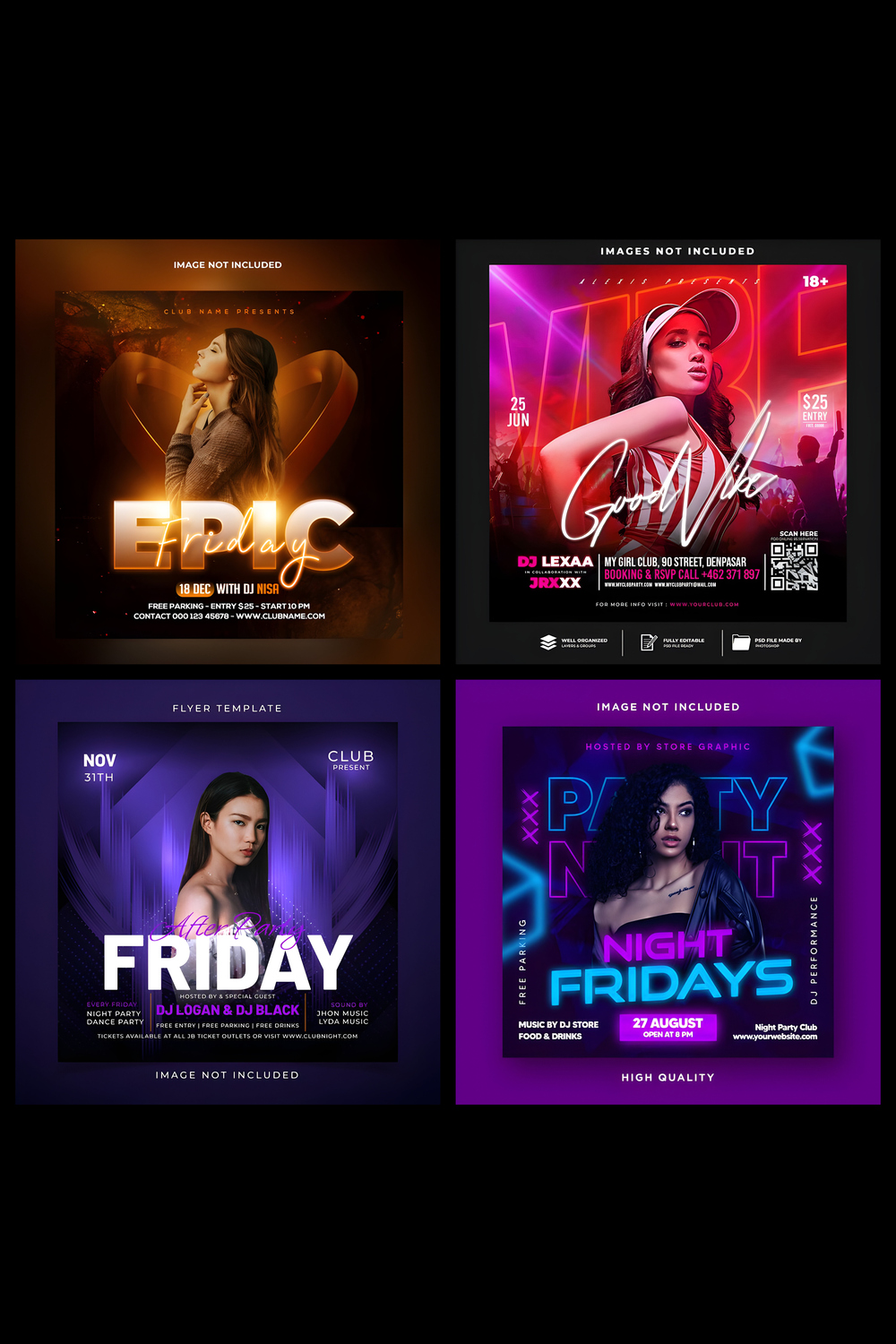 Pack Of 4 Friday Club Night Party Social media post and flyer template pinterest preview image.