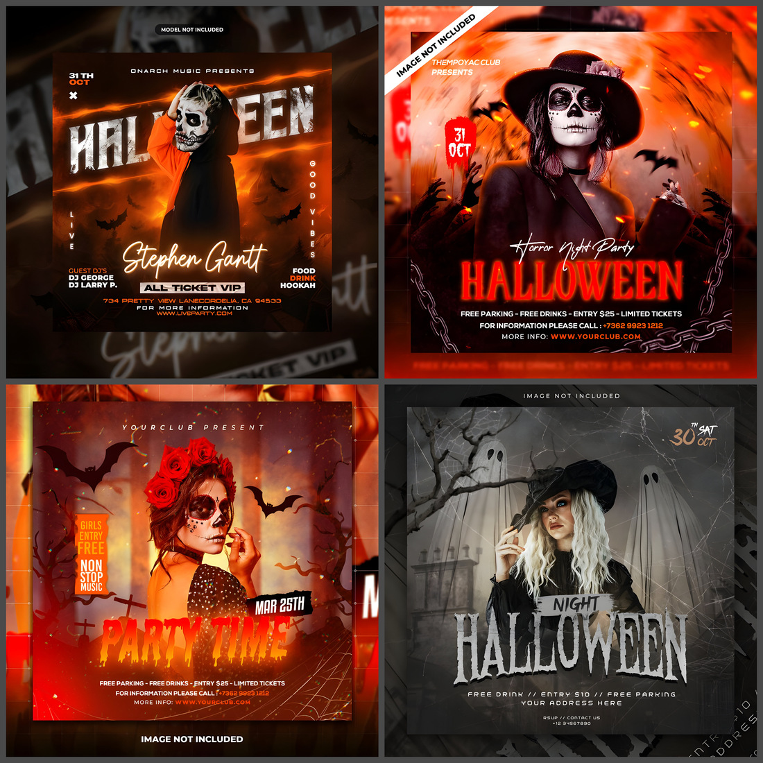 Pack Of 4 Halloween Night Party Flyer Or Social Media Banner Templates ,Flyers preview image.