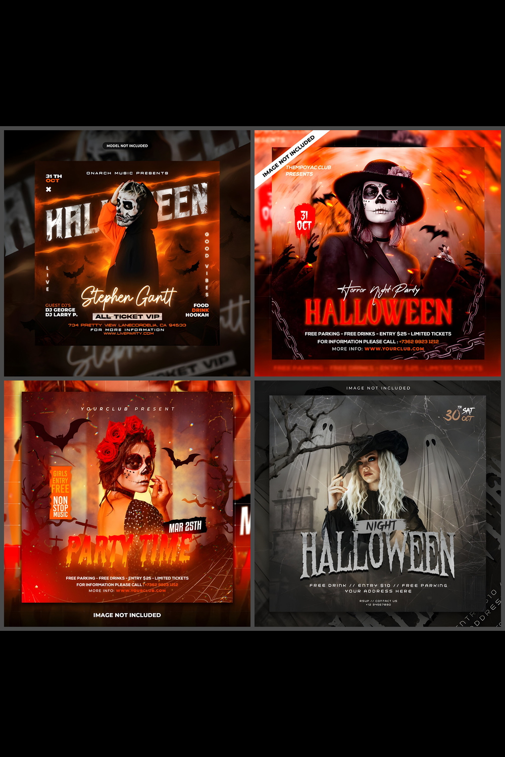 Pack Of 4 Halloween Night Party Flyer Or Social Media Banner Templates ,Flyers pinterest preview image.