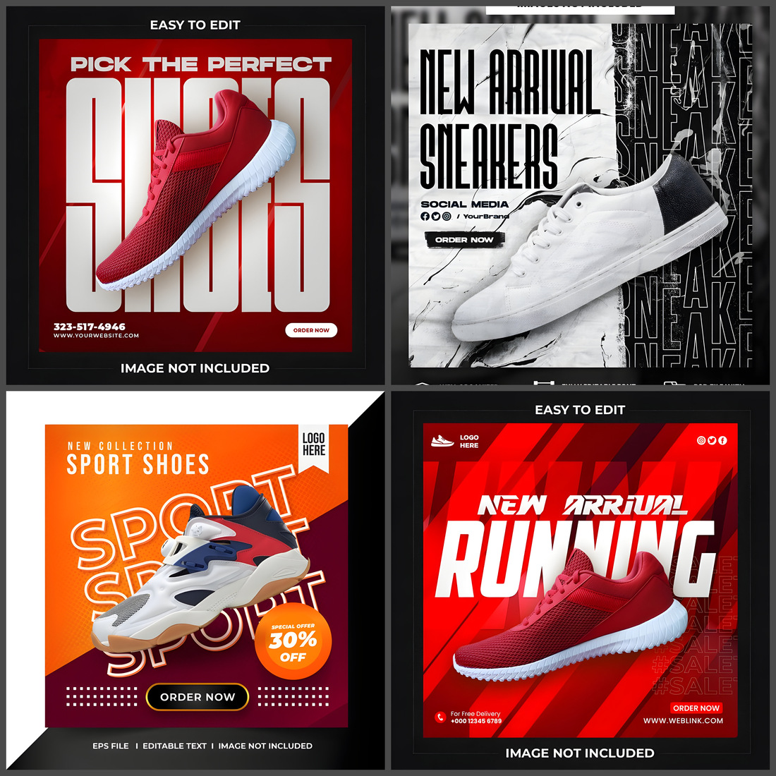 Pack O f 4 Shoes Sale Social media post design and flyer template preview image.