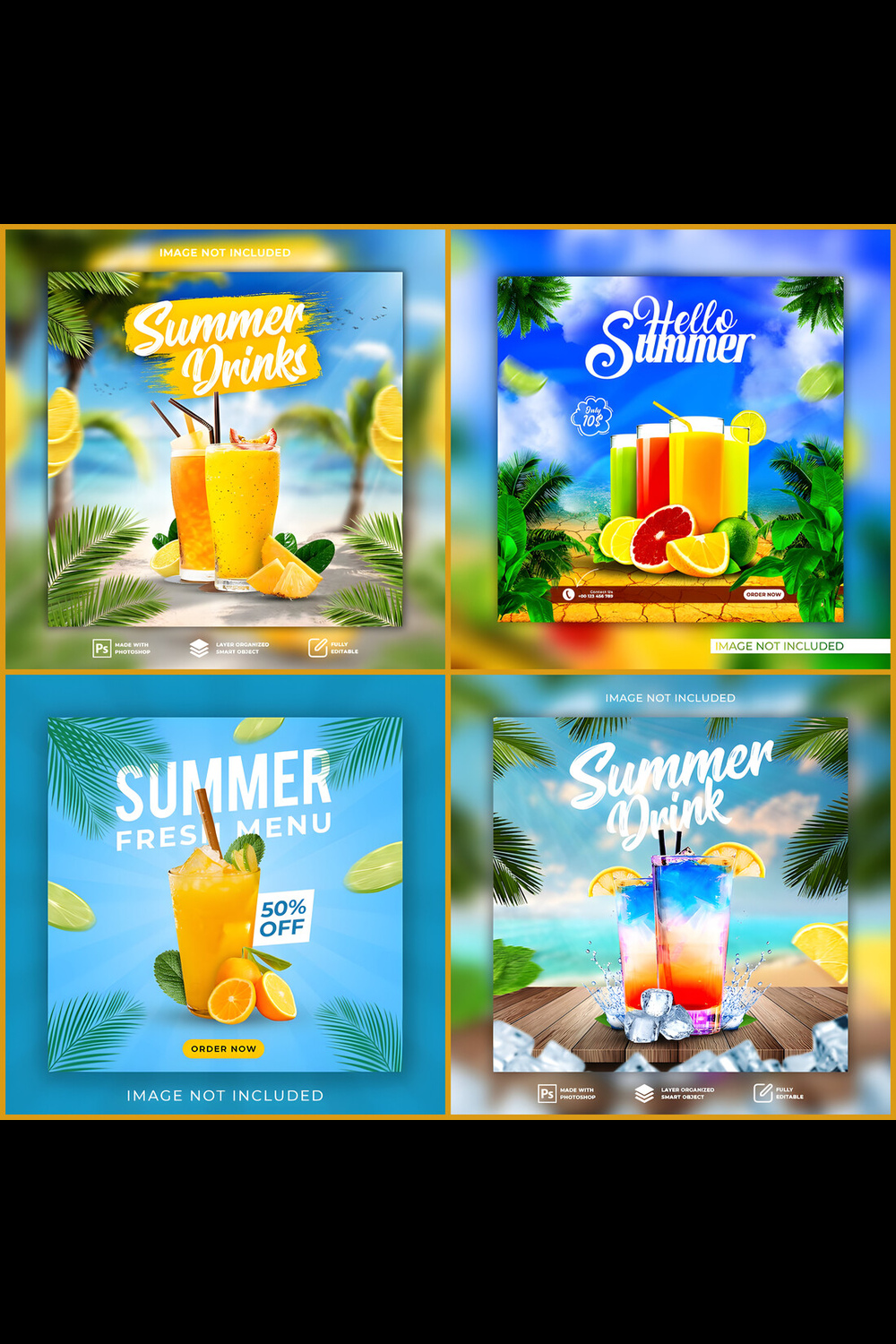 Pack Of 4 Summer Drinks Social media post and flyer template pinterest preview image.