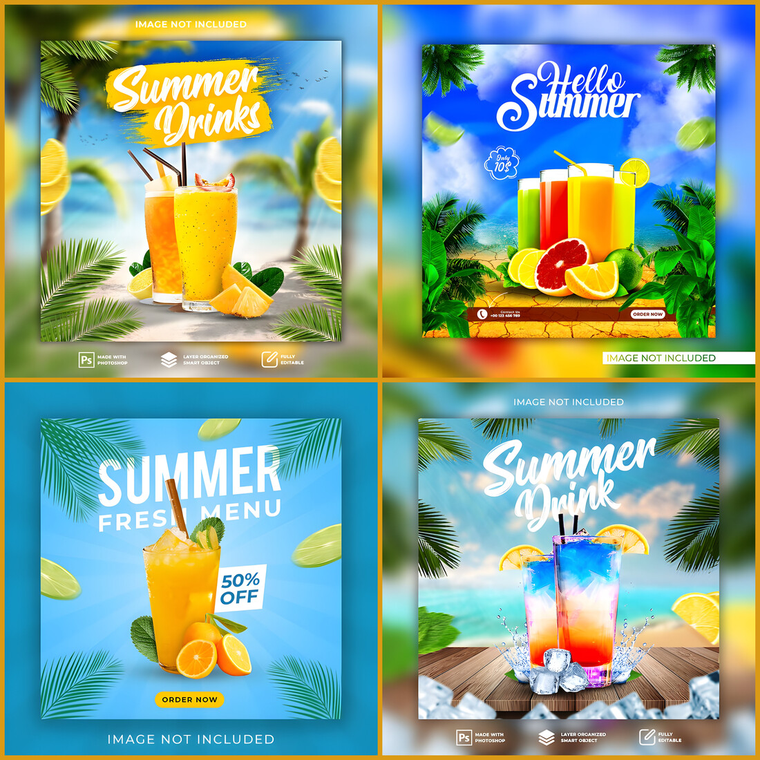 Pack Of 4 Summer Drinks Social media post and flyer template cover image.