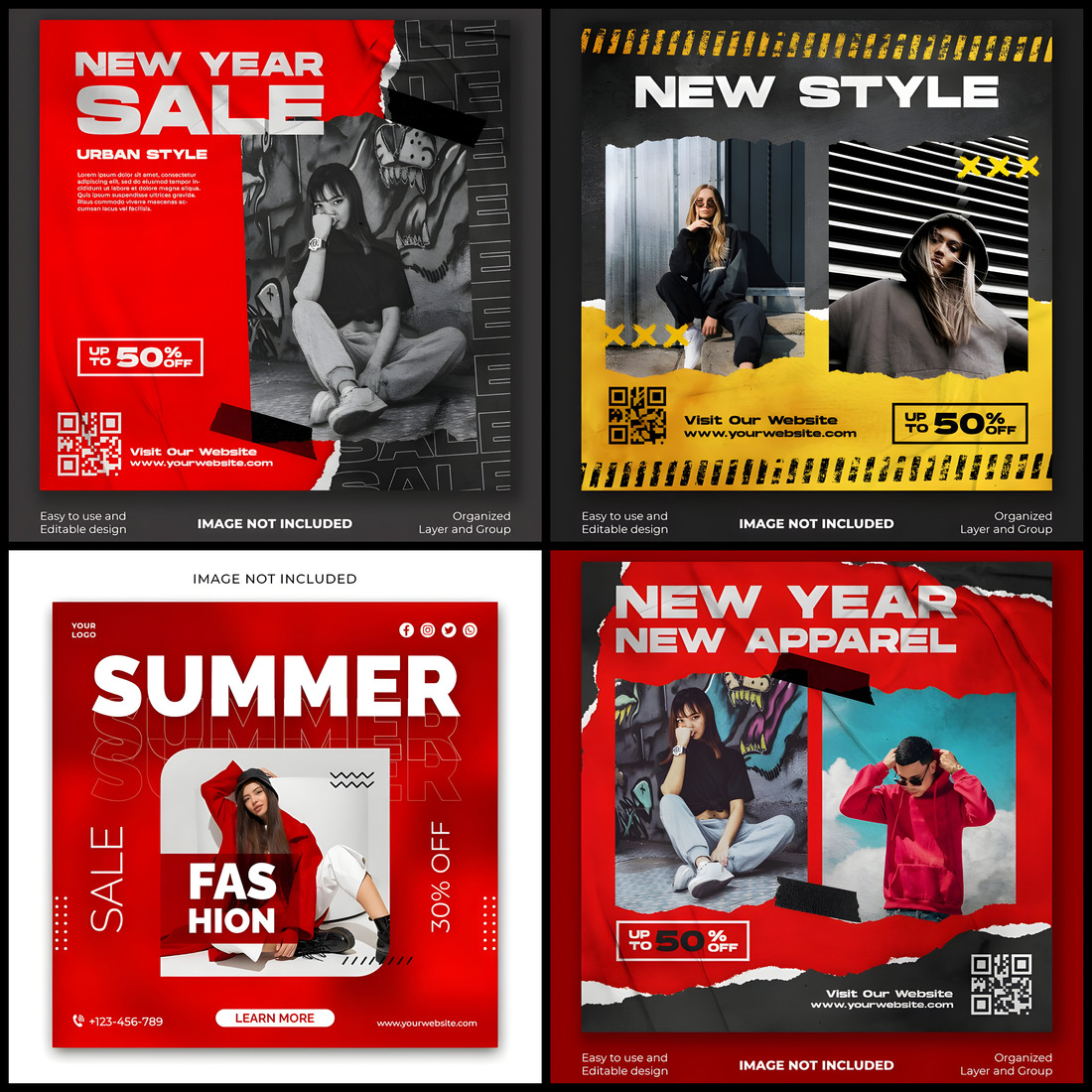 Pack O f 4 Urban Fashion Sale Social media post and flyer template preview image.