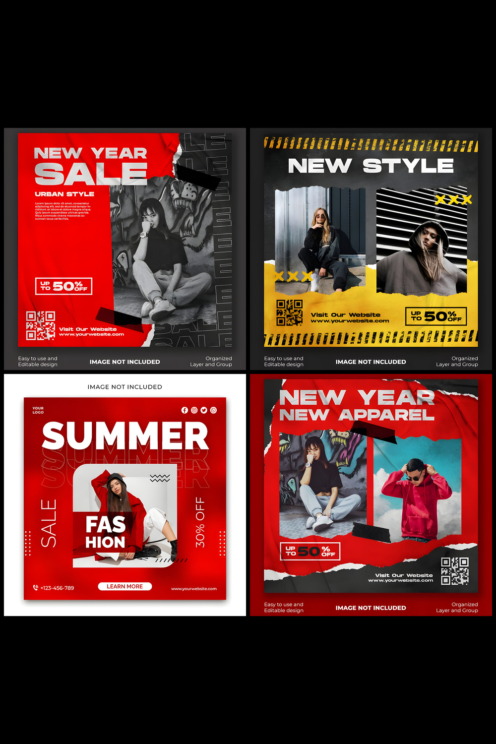 Pack O f 4 Urban Fashion Sale Social media post and flyer template pinterest preview image.