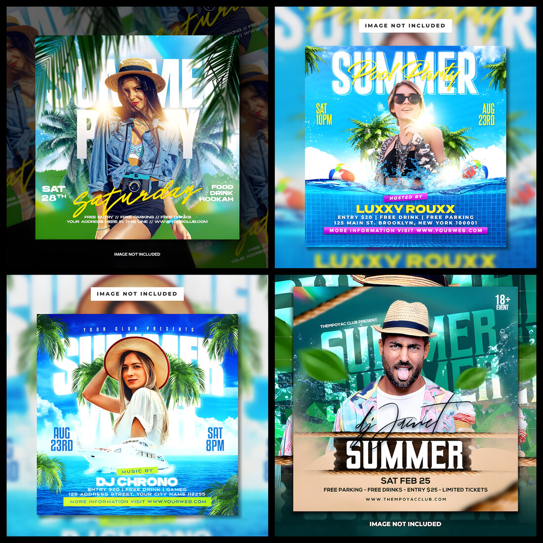 Pack Of 4 Summer Party Social Media Post Designs, Flyer Only for 10$ preview image.