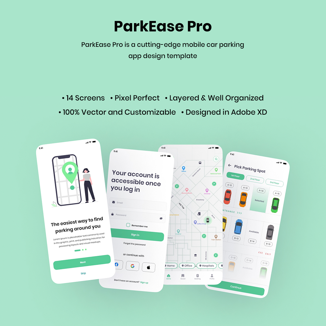 ParkEase Pro - Adobe XD Parking Finder App cover image.