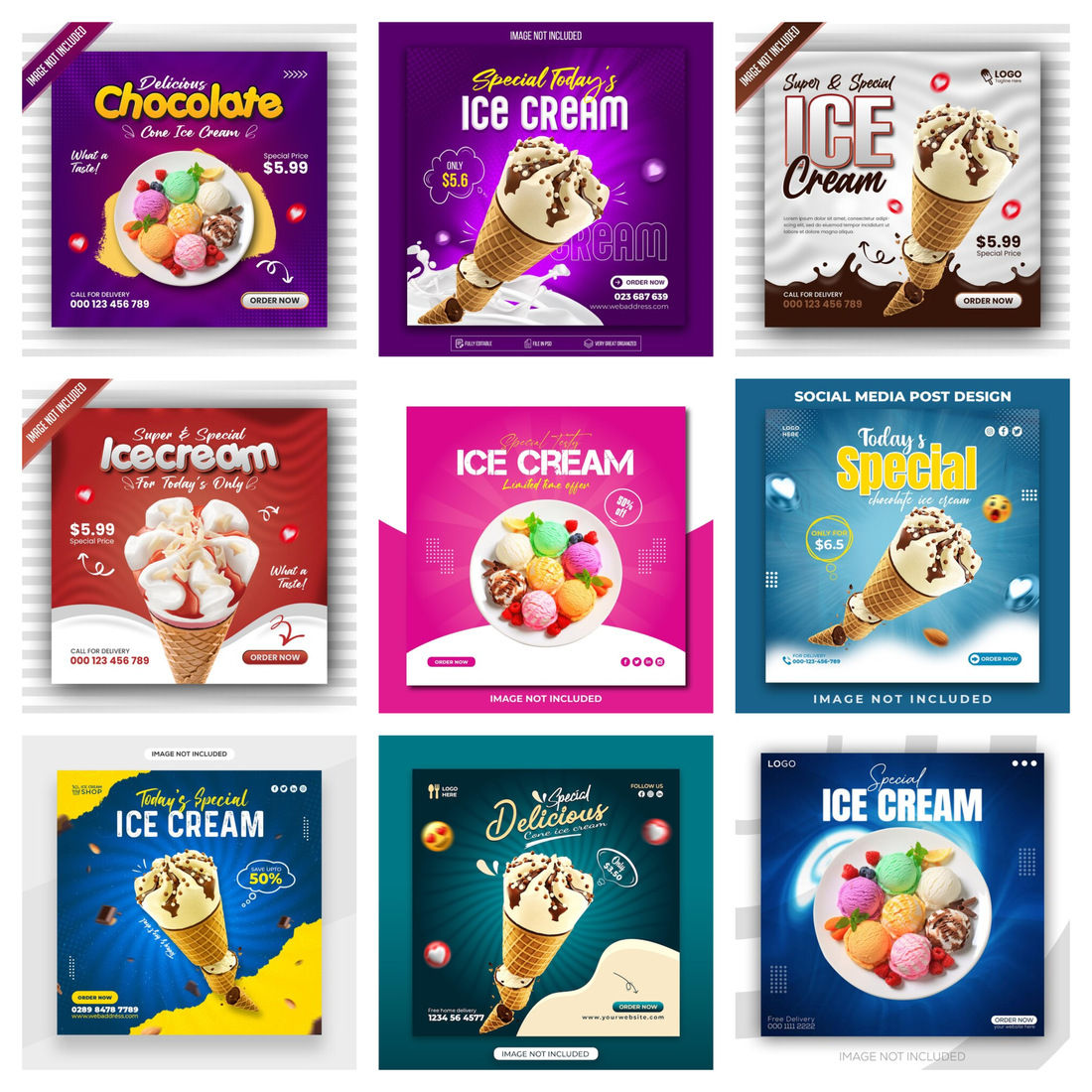 9 Special chocolate ice cream social media banner post design templates for only 12$ preview image.