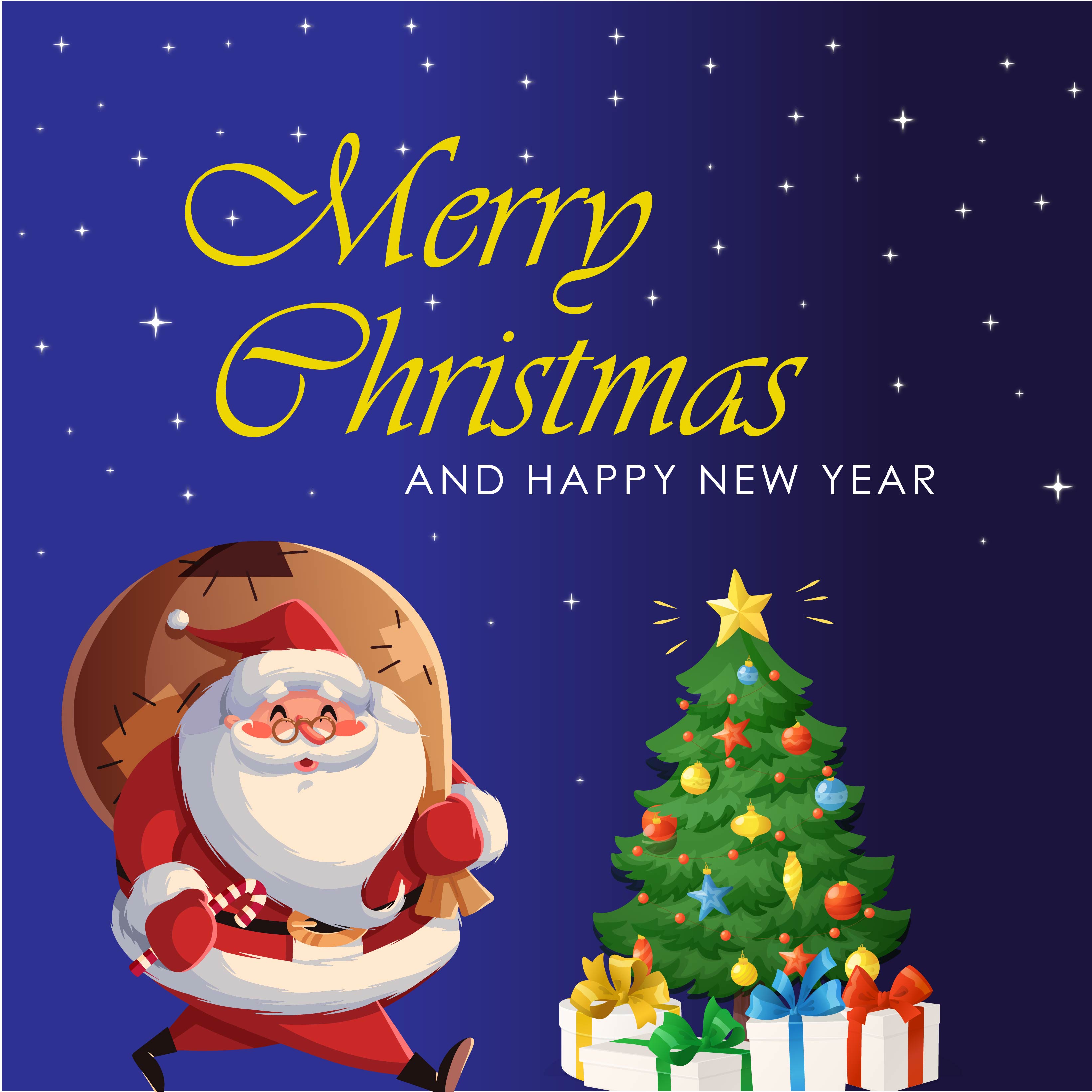 santa claus is carrying a big bag of gift and christmas tree in red background. merry christmas and happy new year greeting 01 66