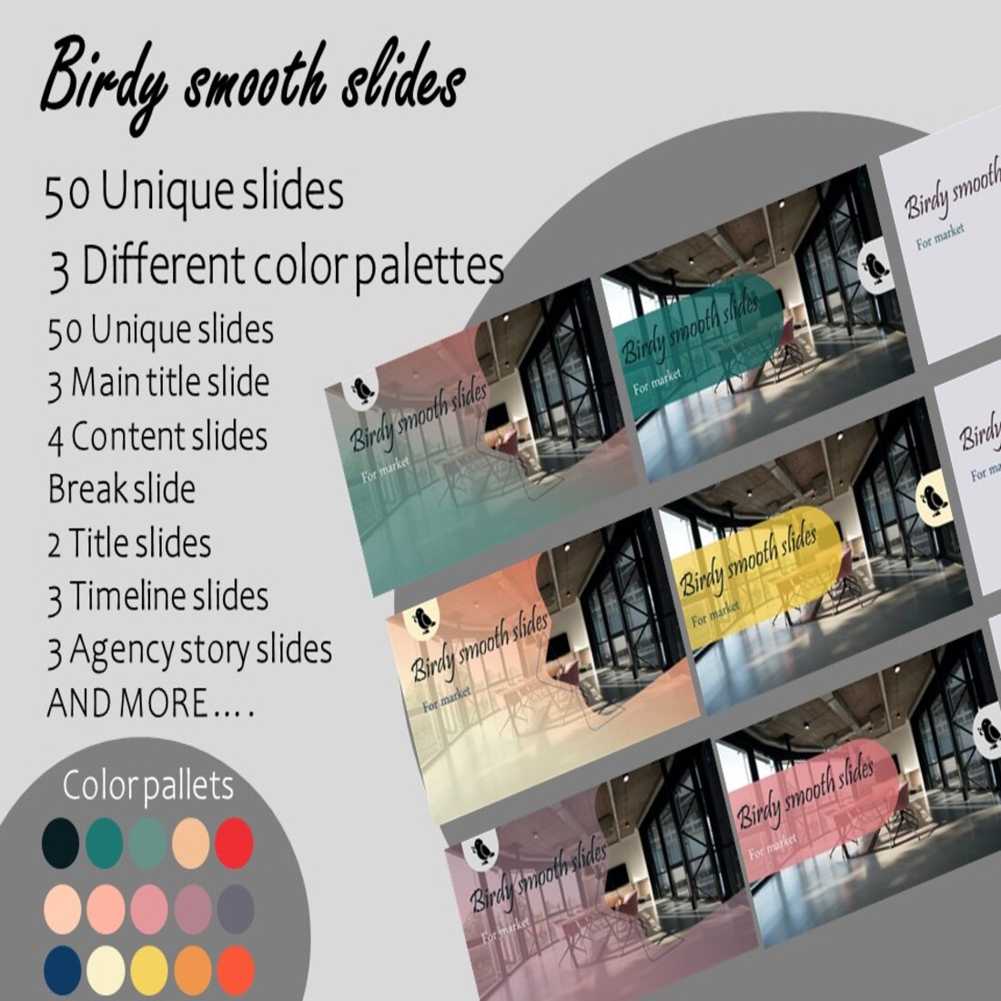 Birdy smooth slides, PowerPoint templates, 3 Color Palettes preview image.