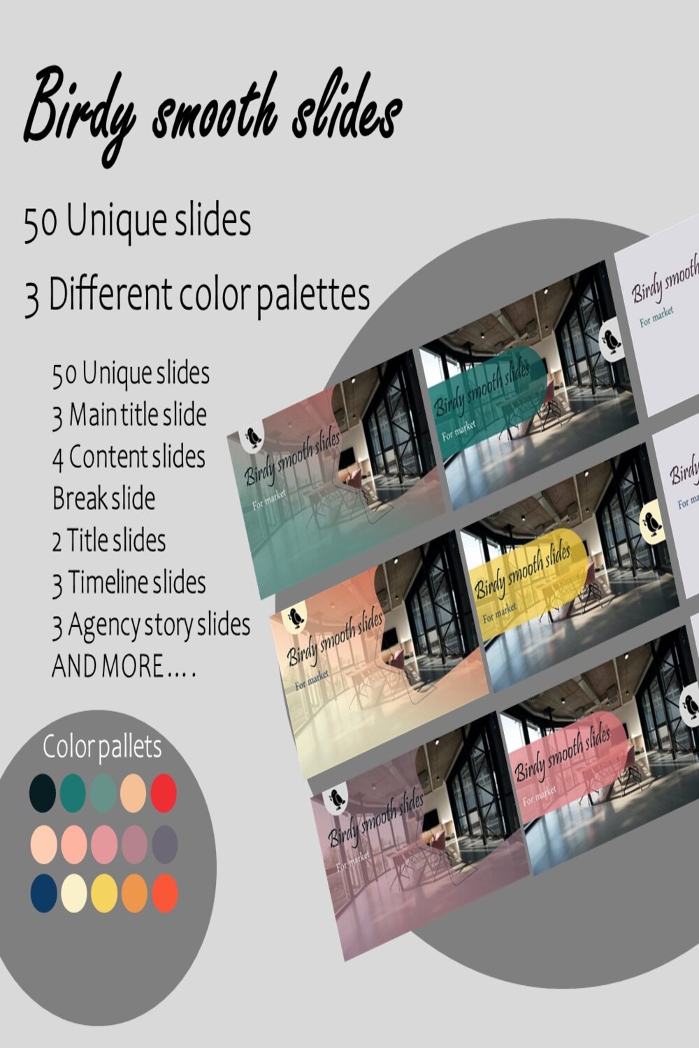 Birdy smooth slides, PowerPoint templates, 3 Color Palettes pinterest preview image.