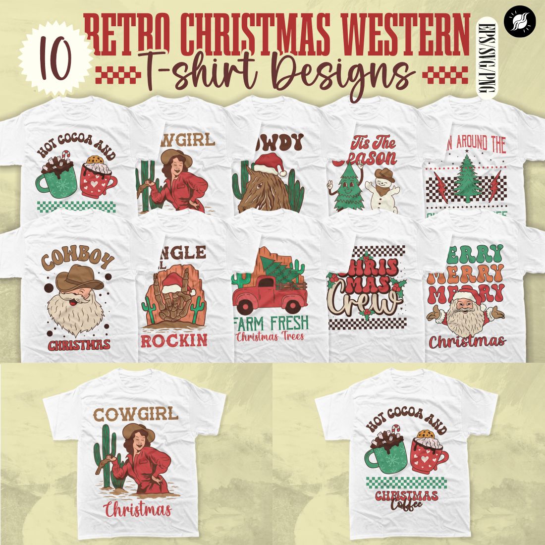 Retro Christmas Western Sublimation T-shirt Designs Bundle cover image.