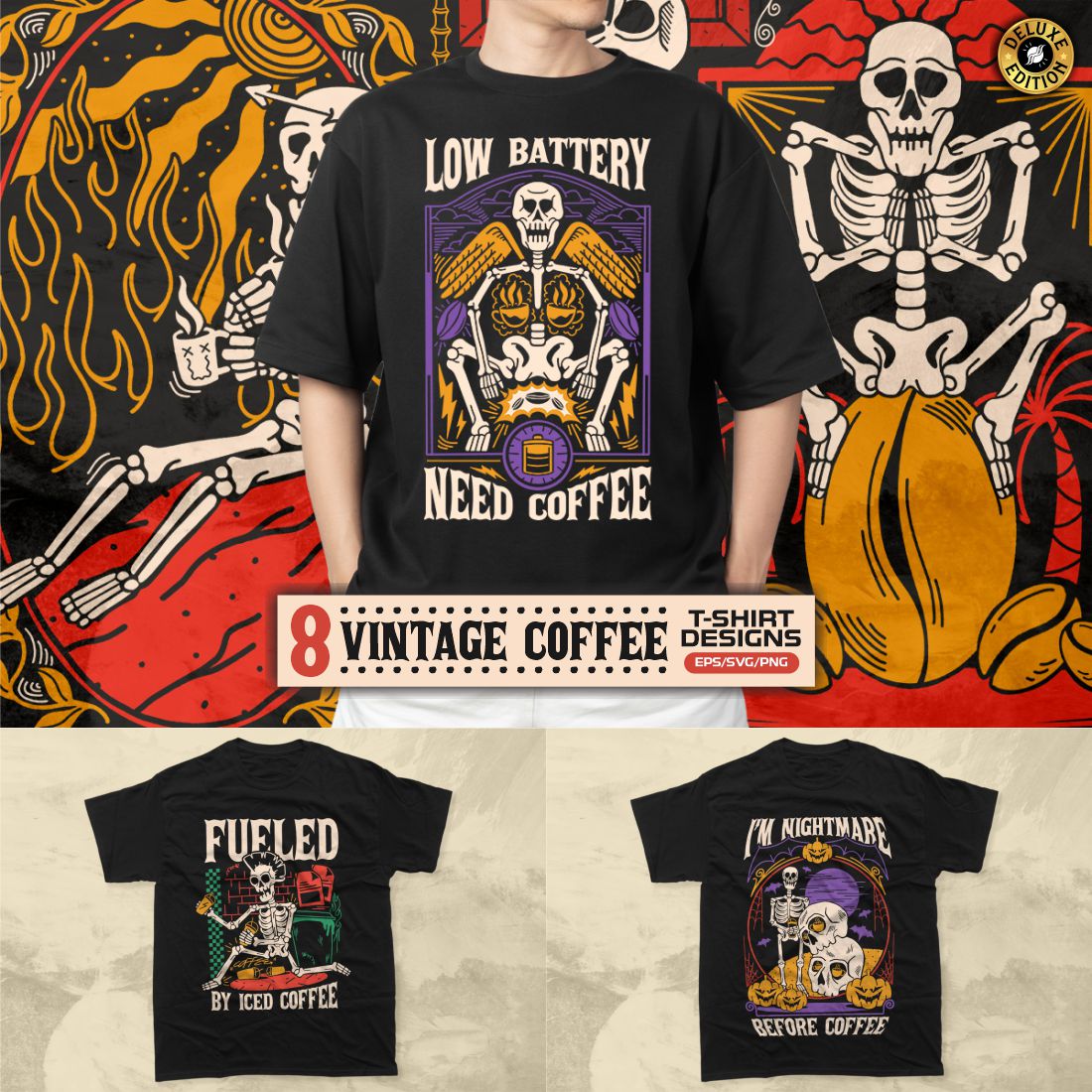 Vintage Coffee Skeleton T-shirt Designs Vector Bundle preview image.