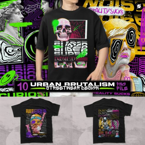 Urban Brutalist Streetwear T-shirt Designs PNG Bundle cover image.