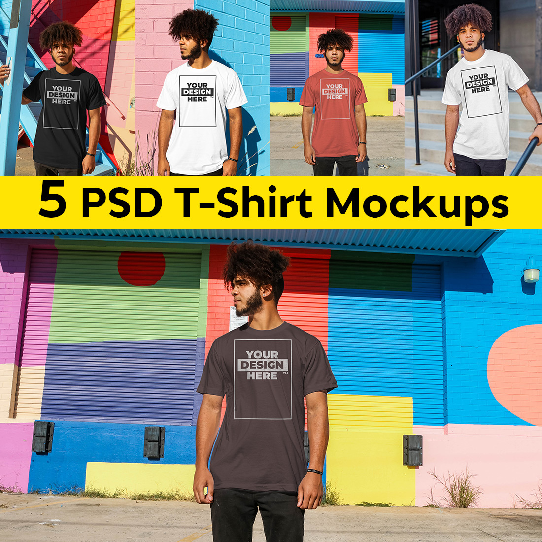 5 PSD T-Shirt Mockups On A Boy in The Outdoor preview image.