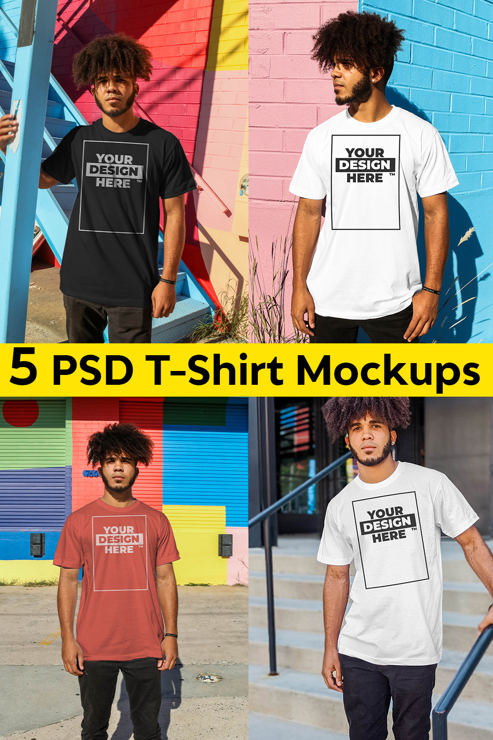 5 PSD T-Shirt Mockups On A Boy in The Outdoor pinterest preview image.