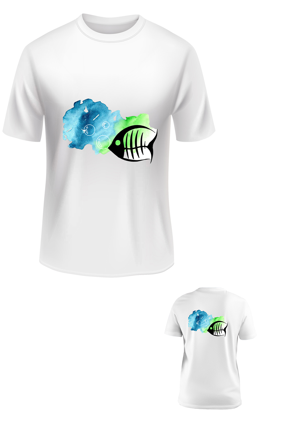 T-shirt design for printing - Fish with bubbles in the sea pinterest preview image.