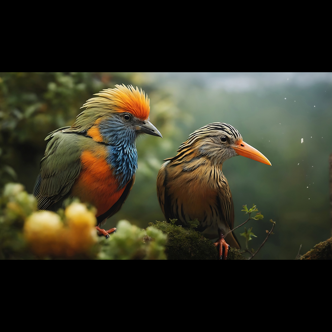 Two birds with a red head and yellow feathers is sitting on a branch ai generated preview image.