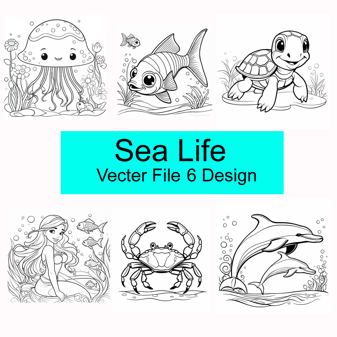 Sea life coloring page preview image.
