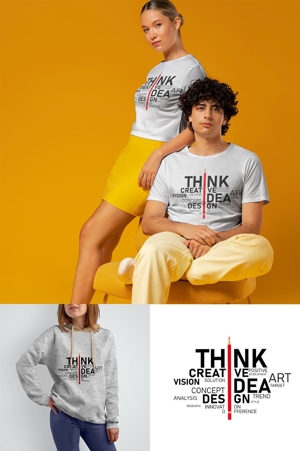 Typography (Think Creative be positive) Abstract-T Shirt-Design Template with Mockup pinterest preview image.