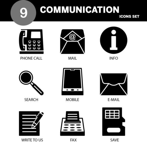 VECTOR COMMUNICATION ICON SET FILL IN BLACK VERSION cover image.
