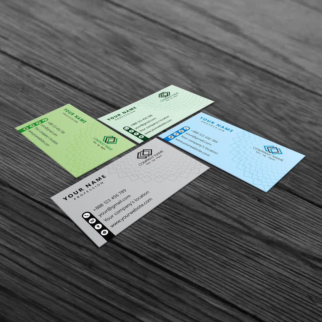 8 design business cards in 8 colors preview image.
