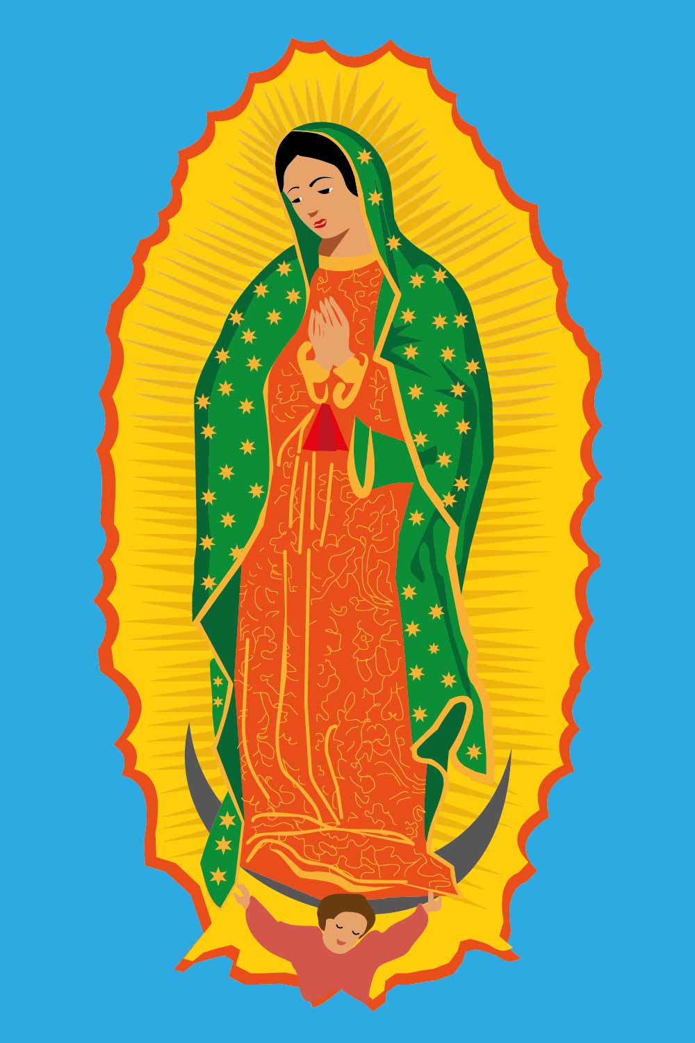 Illustration of the Mexican Virgin of Guadalupe in vectors pinterest preview image.