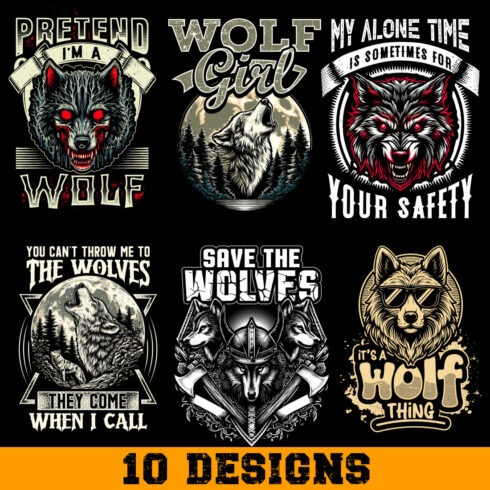 Wolf t shirt design bundle, 10 designs cover image.